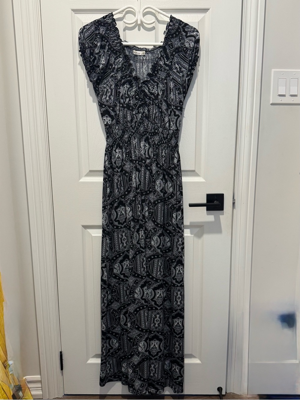 Kling Black and White Paisley Ruffle-Trim Maxi Dress